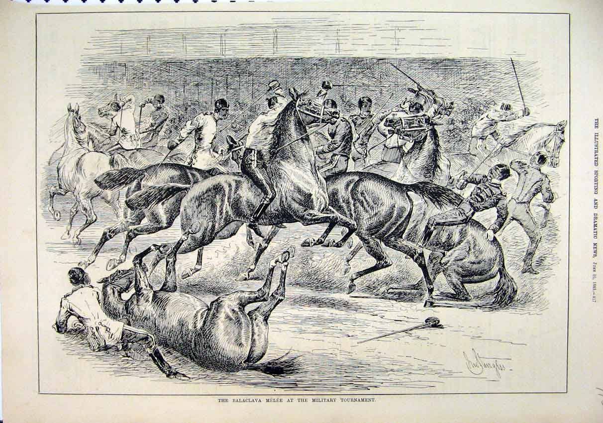 Original Old Antique Print 1883 Balaclava Melee Military Tournament Horses 19th