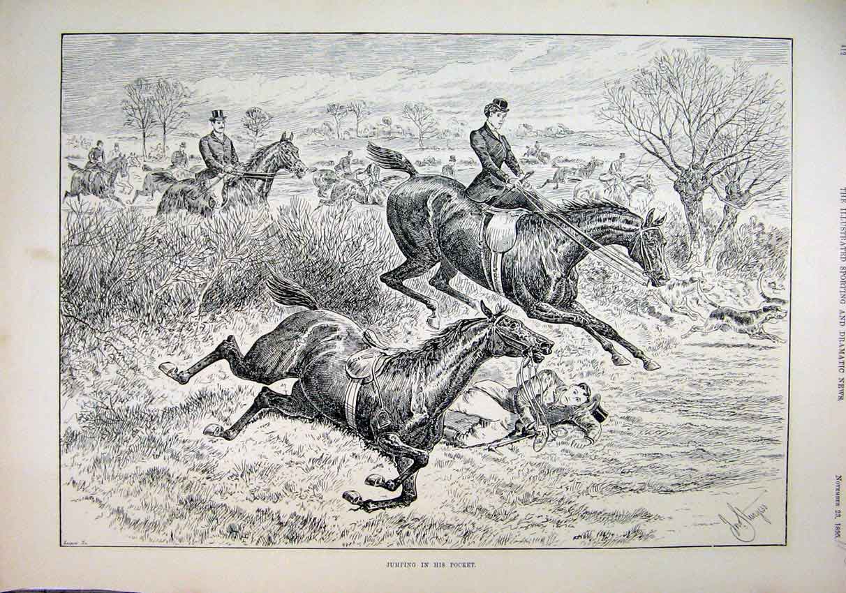 Original Old Antique Print 1895 Horses Jumping Hedge Man Falling Country Scene