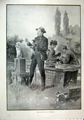 Original Old Antique Print 1895 Toby Puppet Man Dog Perform Country Scene 19th
