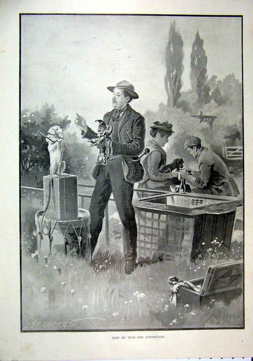 Original Old Antique Print 1895 Toby Puppet Man Dog Perform Country Scene 19th