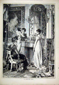 Original Old Antique Print 1881 House Scene Man Women Reading Letter Romance