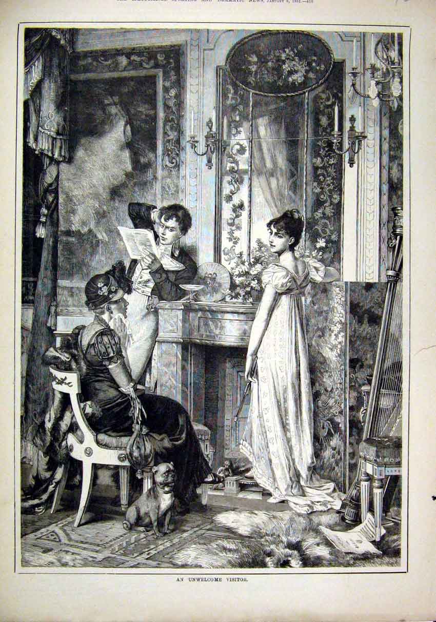 Original Old Antique Print 1881 House Scene Man Women Reading Letter Romance