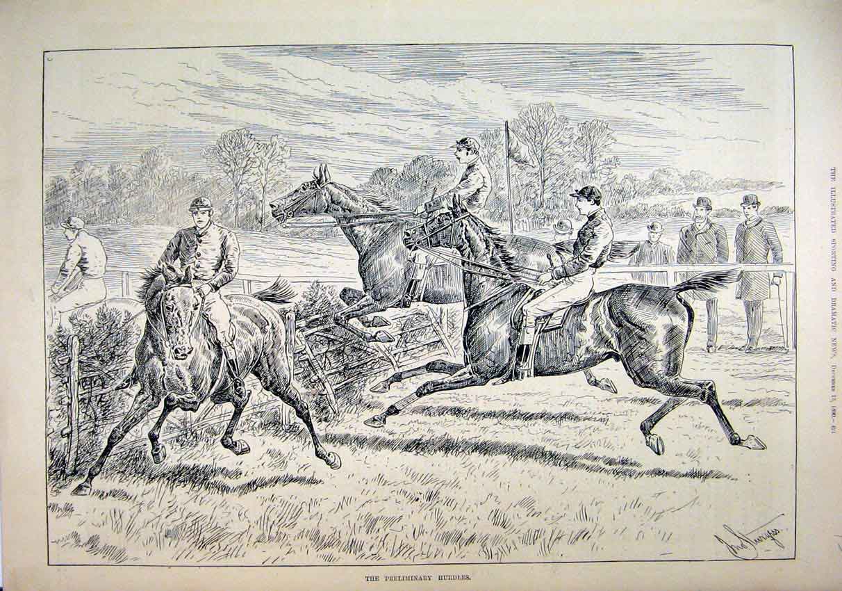 Original Old Antique Print 1890 Horses Jockey Jumping Fence Refusing Country