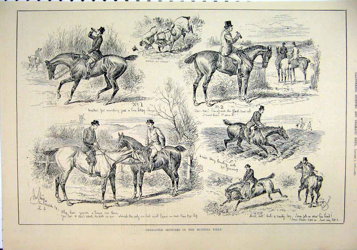 Original Old Antique Print 1883 Hunting Field Character Sketches Horses Drinking