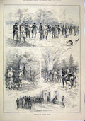 Original Old Antique Print 1883 Shooting Coombe Wood Dog Hare Gun Beaters 19th