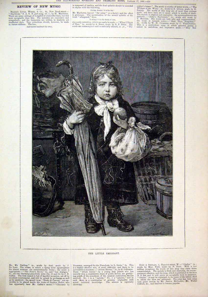 Original Old Antique Print Little Emigrant 1880 Young Boy Fruit Umbrella Bundle