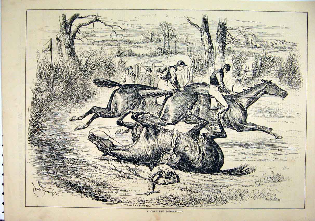 Old Antique Print 1882 Horses Racing Somersault Man Fallen Country Scene 19th
