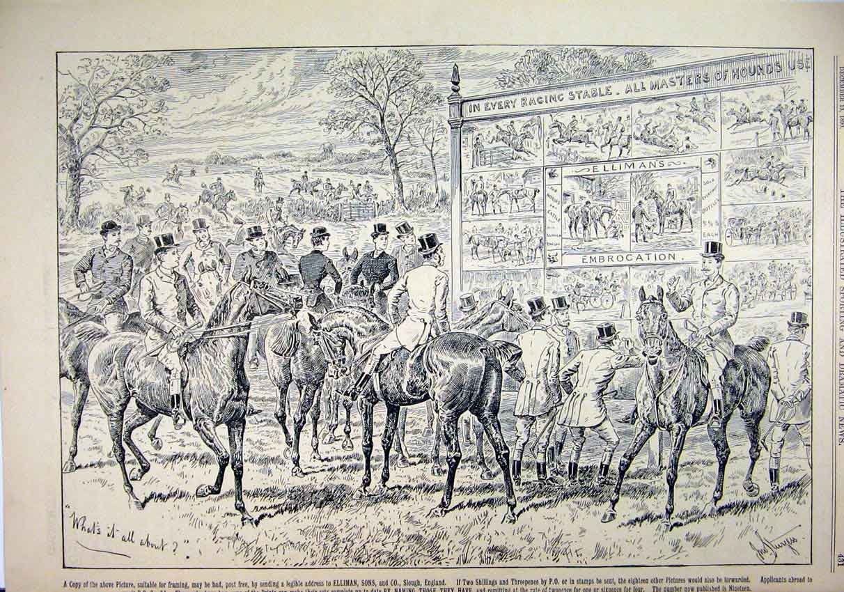 Original Old Antique Print Advert Ellimans Embrocation 1890 Horse Riders 19th