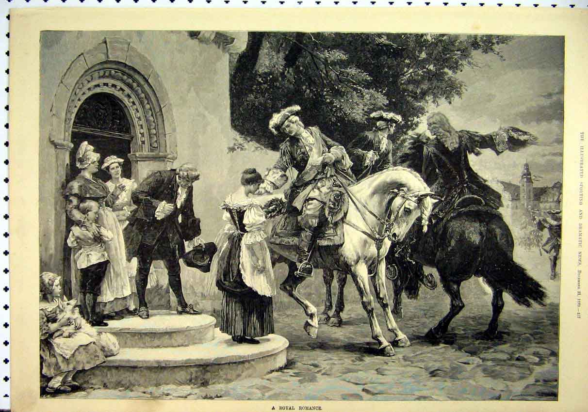Old Antique Print Royal Men Horses Romance Woman Door Step 1889 Fine Art 19th