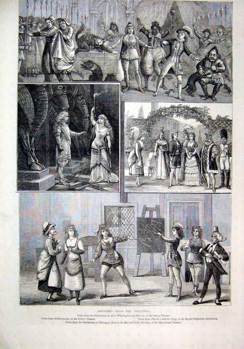 Original Old Antique Print 1878 Sketches Theatres Whittington Jack Box Bo Peep