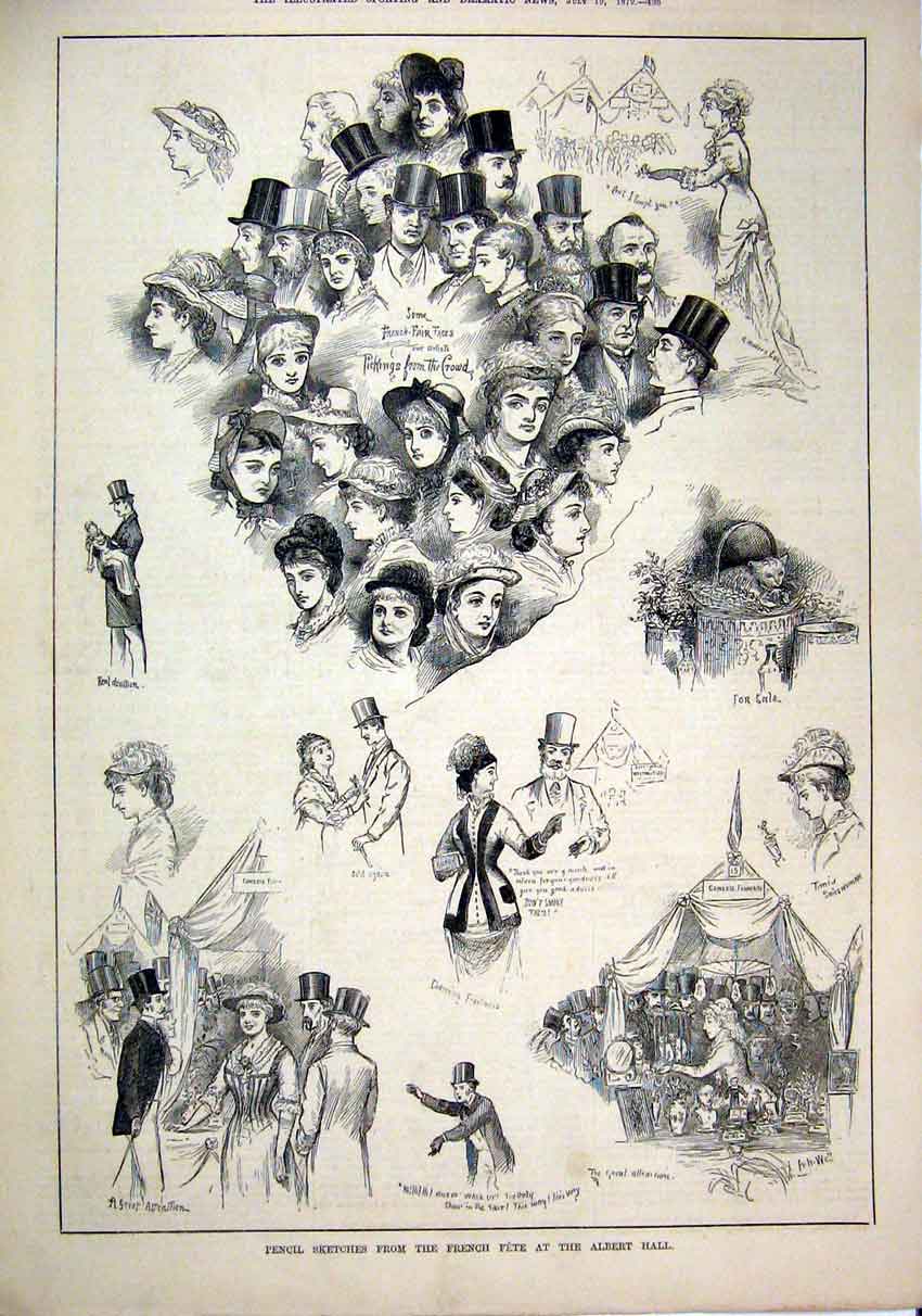 Old Antique Print 1879 Sketches French Fete Albert Hall Woman Faces Crowd 19th