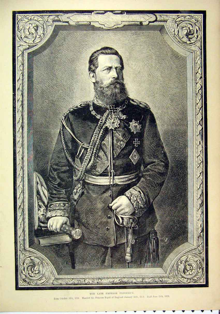 Original Old Antique Print 1888 Portrait Late Emperor Frederick Married Royal