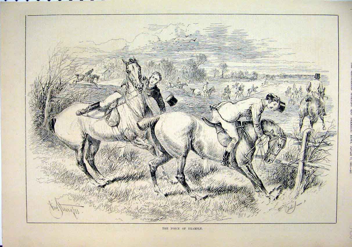 Original Old Antique Print 1883 Horses Refusing Fence Men Falling Country 19th