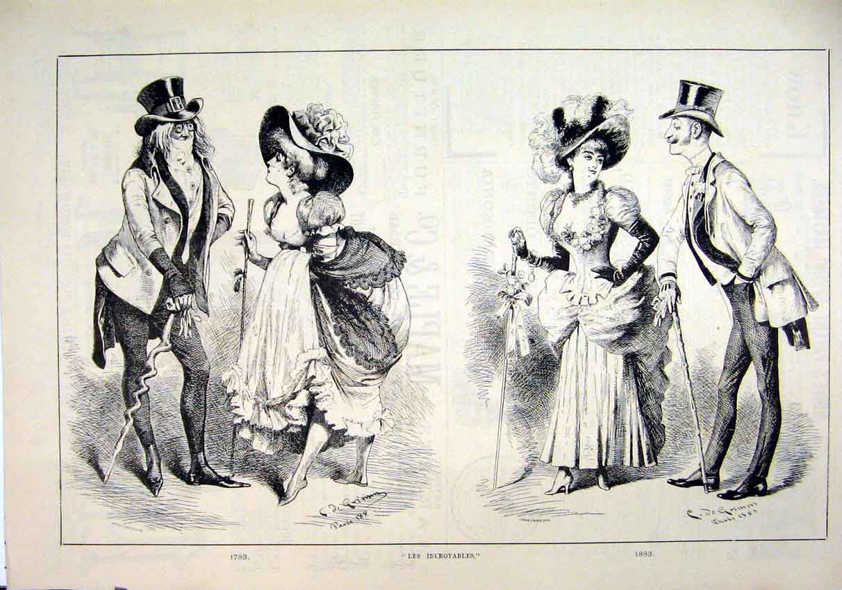 Original Old Antique Print 1883 Incroyables Men Women Romance Dressed Victorian