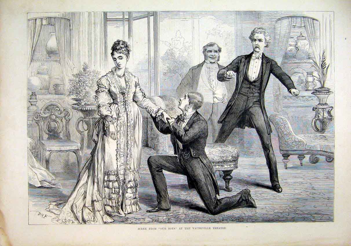 Original Old Antique Print 1875 Scene Our Boys Vaudeville Theatre Romance 19th