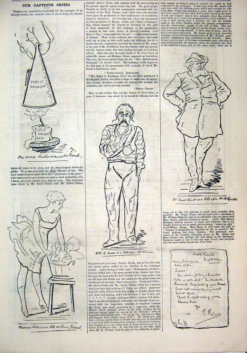 Original Old Antique Print 1879 Comedy Captions Woman Dancer Men Candle Sketches