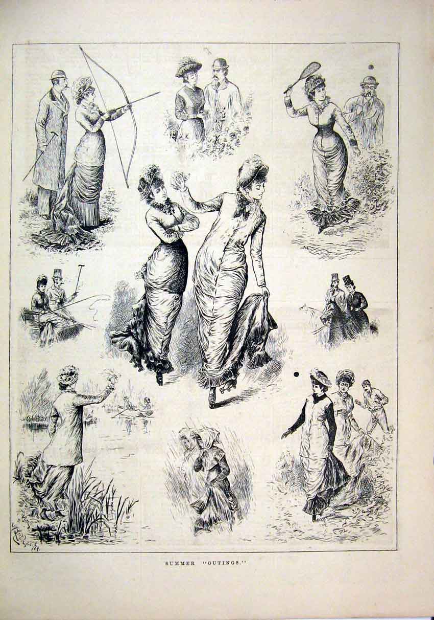 Original Old Antique Print 1879 Summer Outings Archer Sport Rain River Boat 19th