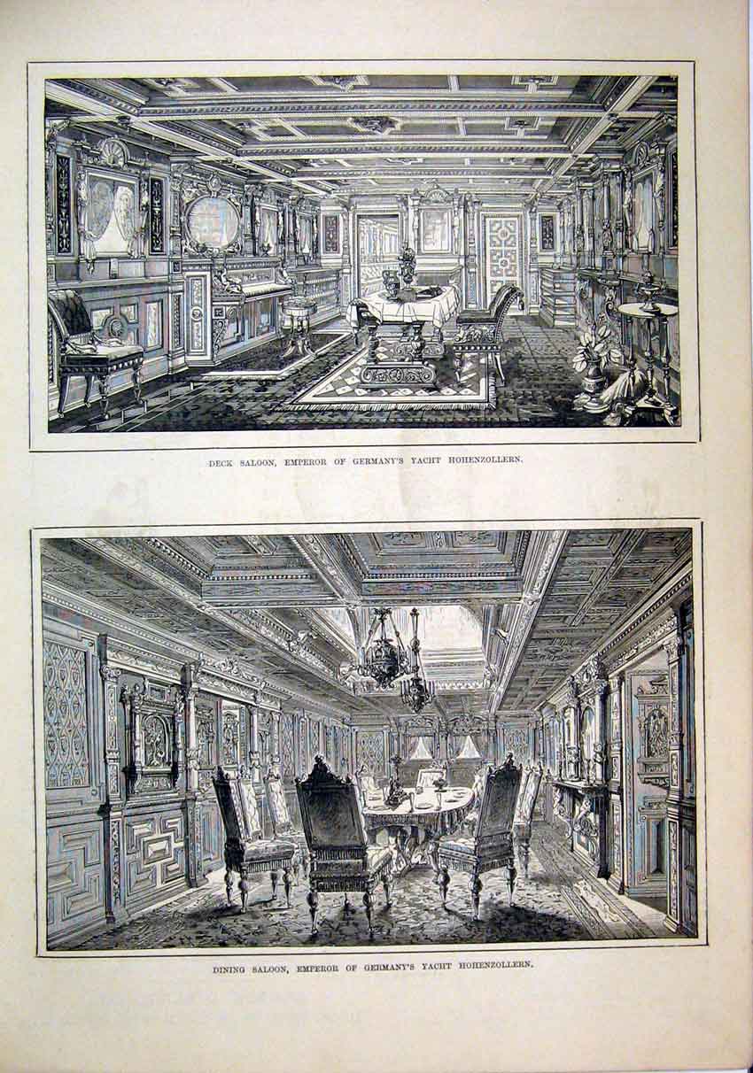 Original Old Antique Print Dining Saloon Deck Emperor Germany Hohnezollern 1879