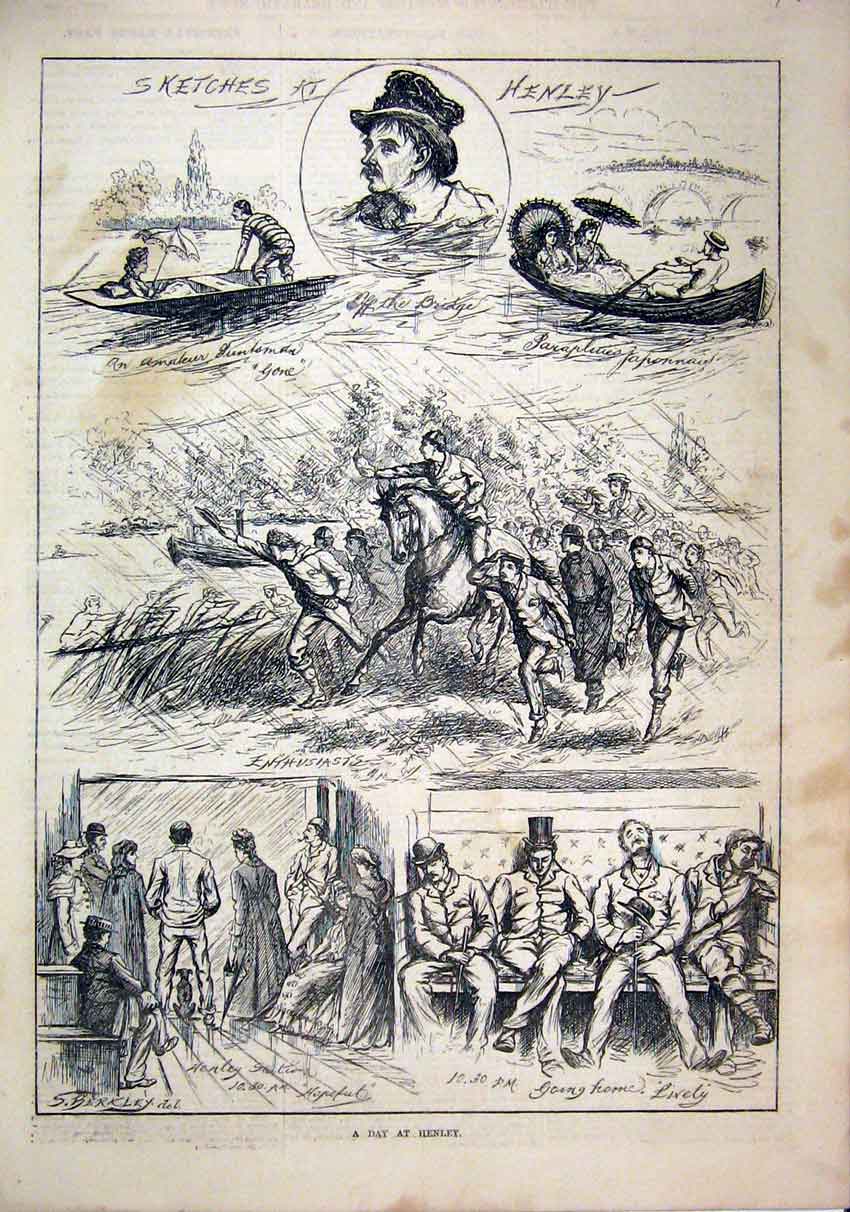 Original Old Antique Print 1879 Sketches Henley River Boat Men Sitting Romance