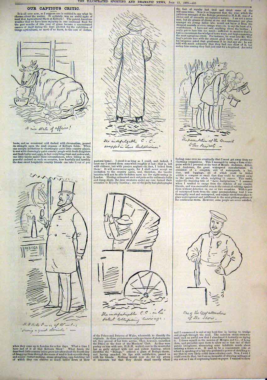 Old Antique Print 1879 Caption Sketches Cow Chef Drink Rain Men Carriage 19th