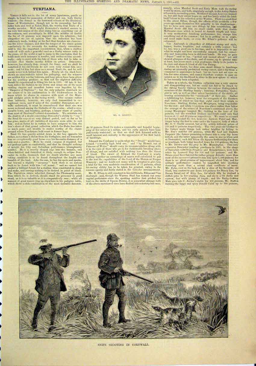 Original Old Antique Print Portrait Mr Righton 1883 Snipe Shooting Cornwall Dog