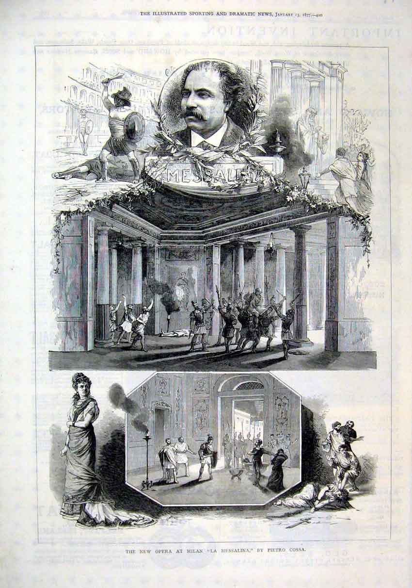 Original Old Antique Print 1877 New Opera Milan La Messalina Pietro Cossa 19th