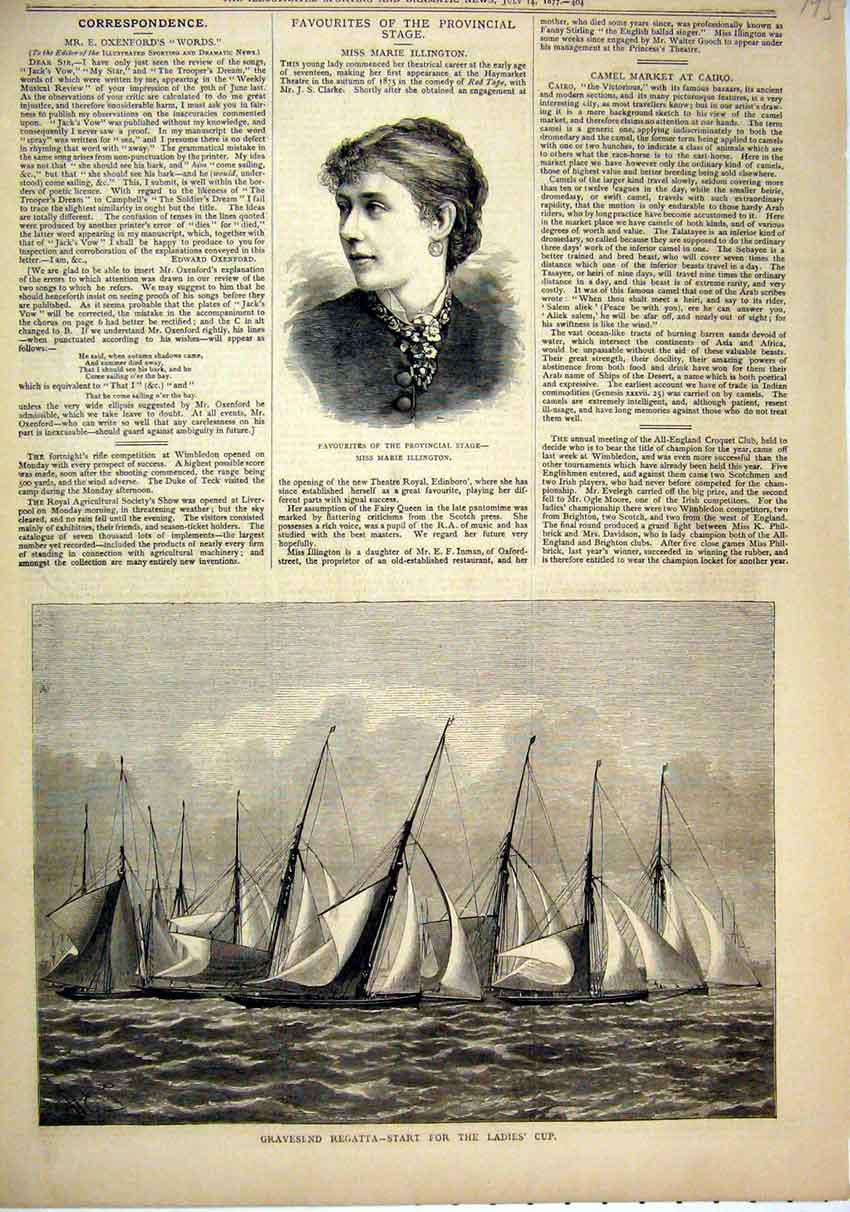 Old Antique Print 1877 Portrait Marie Illington Gravesend Regatta Ladies 19th
