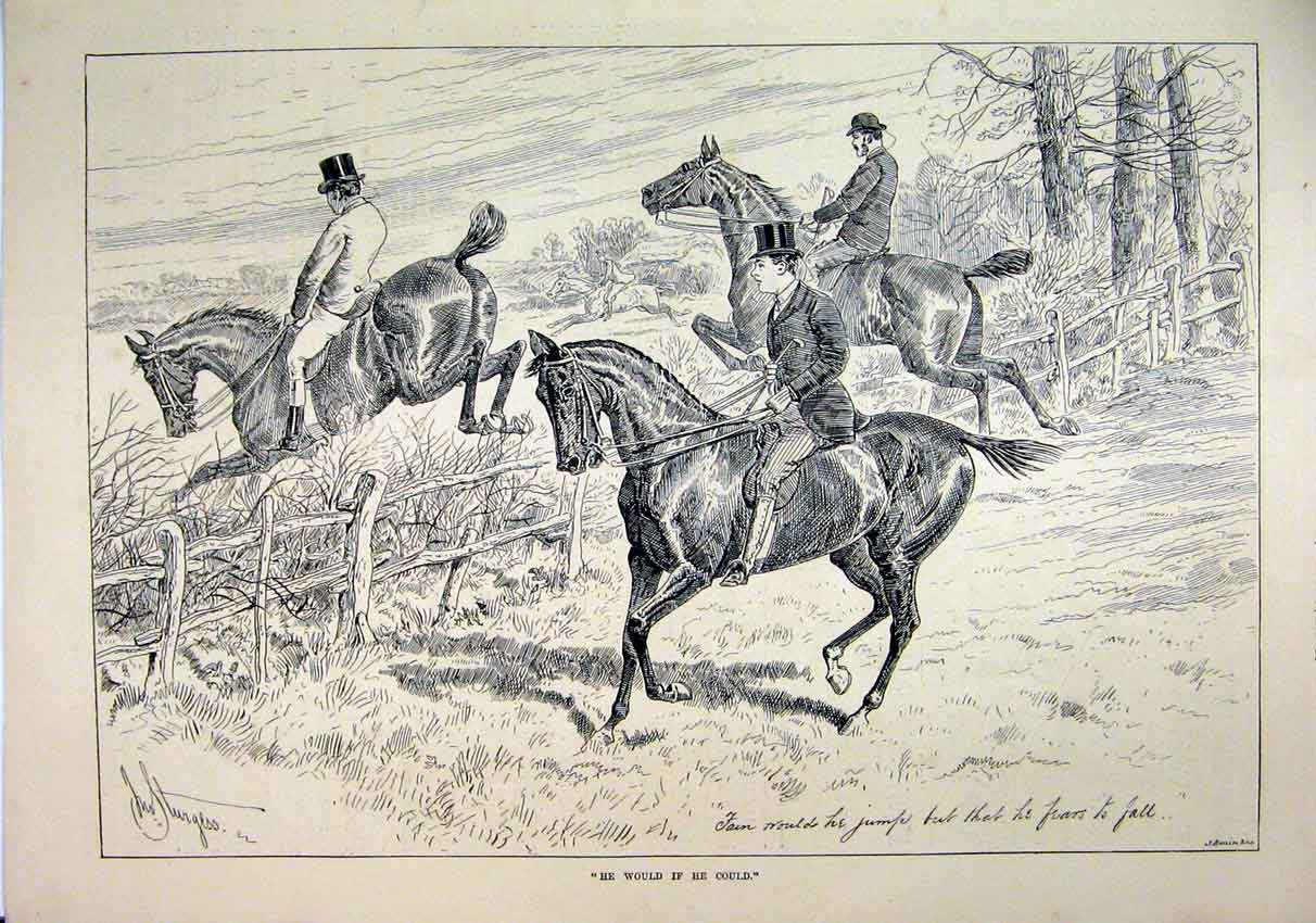 Original Old Antique Print Horses Jumping Fence 1889 Refusing Country Scene 19th