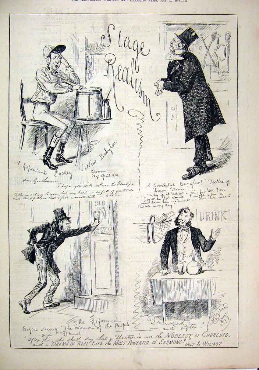 Old Antique Print 1879 Sketches Stage Realism Jockey Theatre Drink Drama 19th