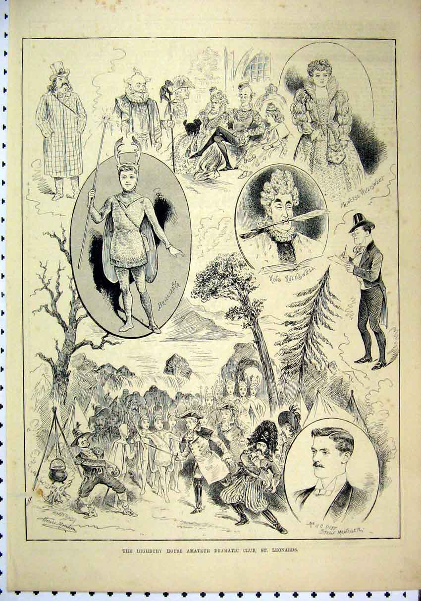 Original Old Antique Print 1889 Highbury House Amateur Dramatic Club Leonards