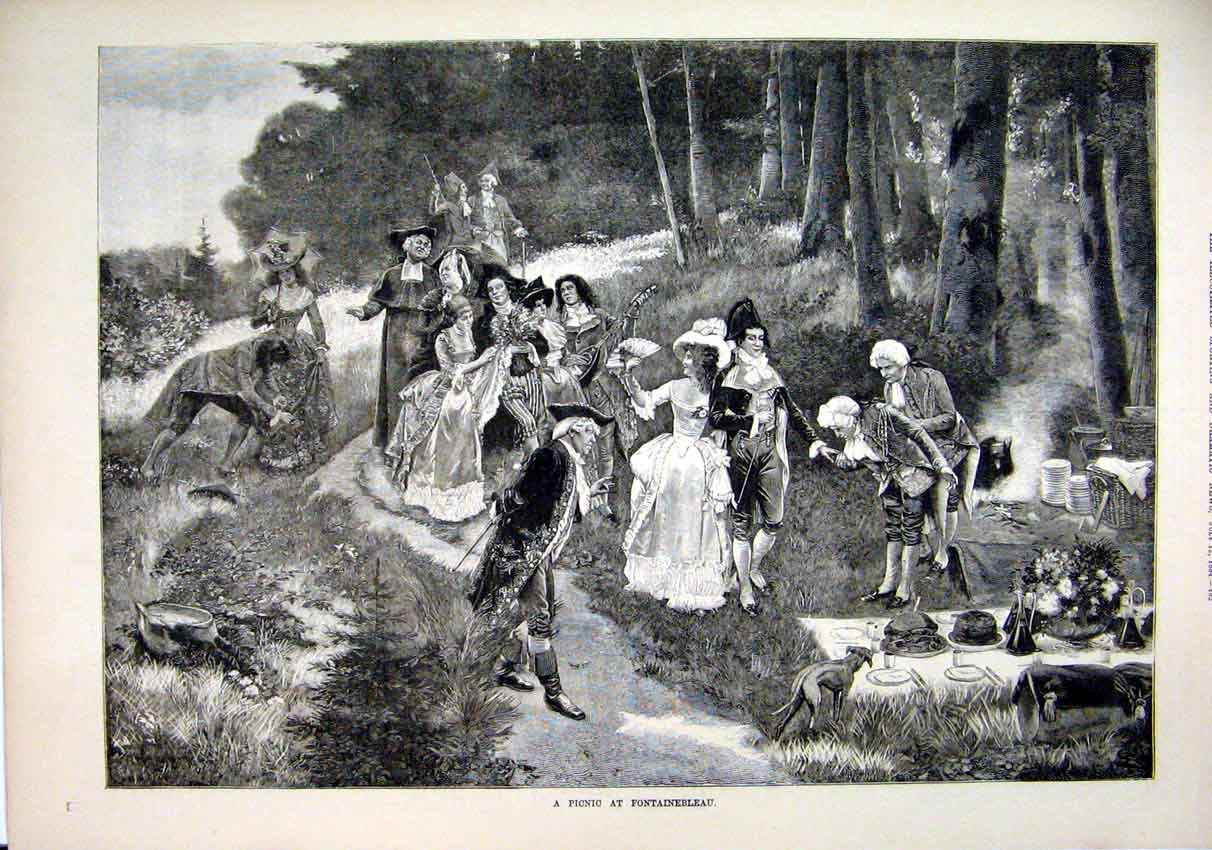 Original Old Antique Print Picnic Fontainebleau 1884 Men Woman Romance Country