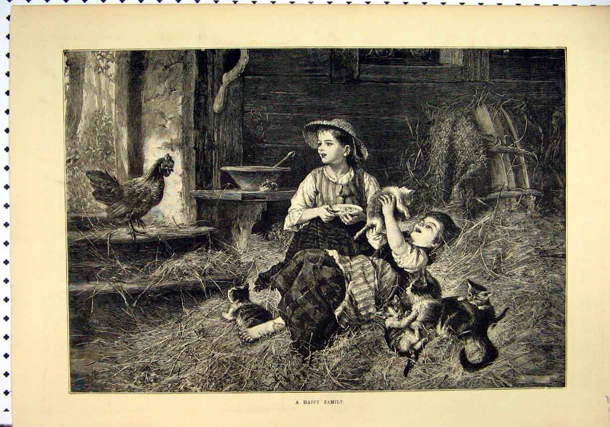 Original Old Antique Print Young Children 1885 Barn Kittens Playing Chicken 19th