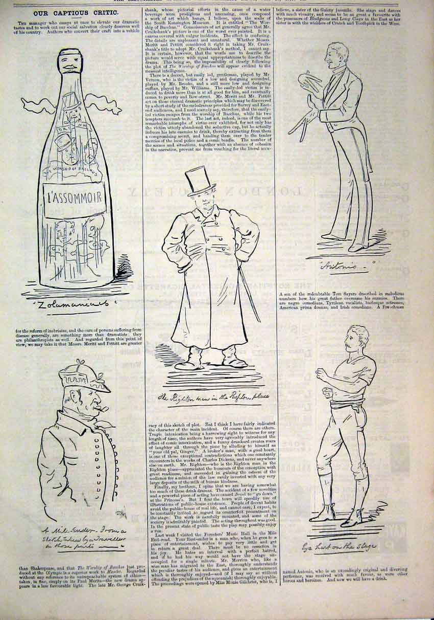 Old Antique Print 1879 Captions Bottle Wine Artist Antonio Theatre Sketch 19th