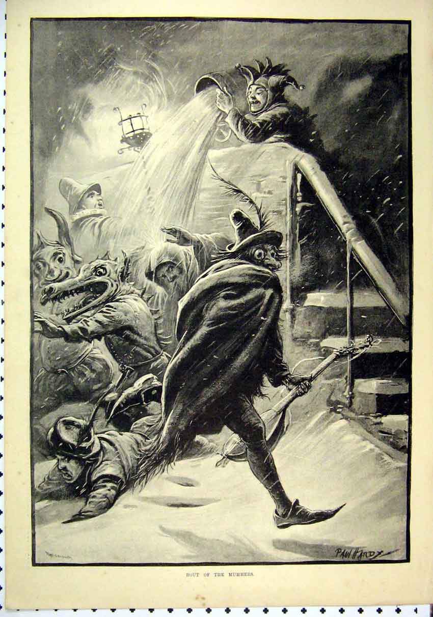 Original Old Antique Print 1889 Men Fancy Dress Throwing Water Snow Fine Art