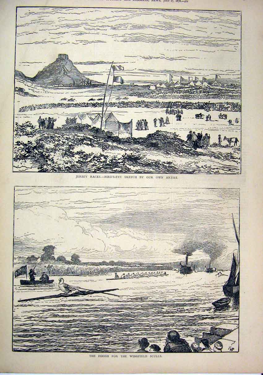 Original Old Antique Print 1878 Jersey Races Birds-Eye Sketch Wingfield Sculls