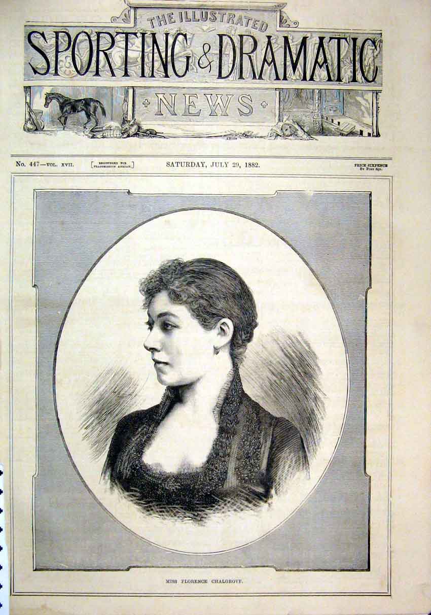 Original Old Antique Print 1882 Portrait Miss Florence Chalgrove Beautiful 19th