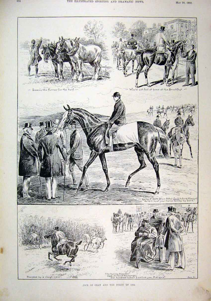 Old Antique Print 1896 Horses Jock Oran Derby Ploughing Blair Athol Jock 19th