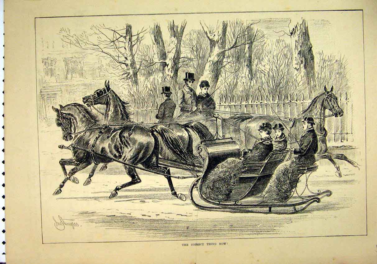 Original Old Antique Print 1881 Horses Sledging Snow Women Village Scene 19th