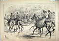 Original Old Antique Print 1880 Sketch Women Men Horses Country Scene Victorian