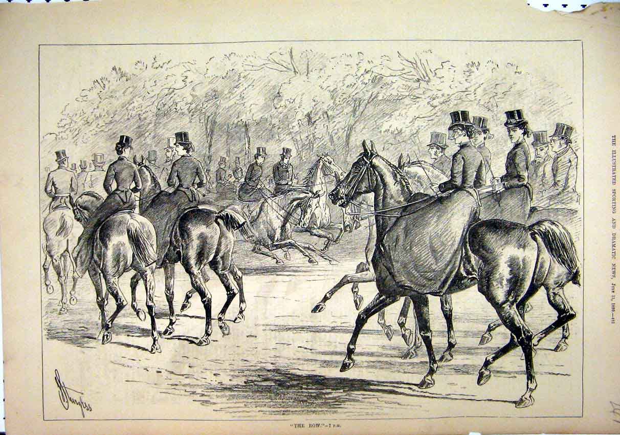 Original Old Antique Print 1880 Sketch Women Men Horses Country Scene Victorian