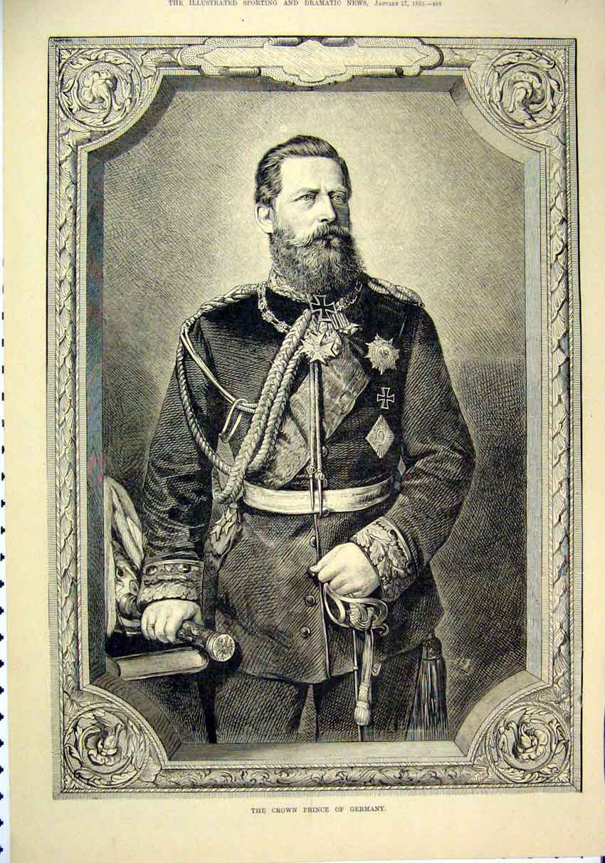 Original Old Antique Print 1883 Portrait Crown Prince Germany Medals Victorian