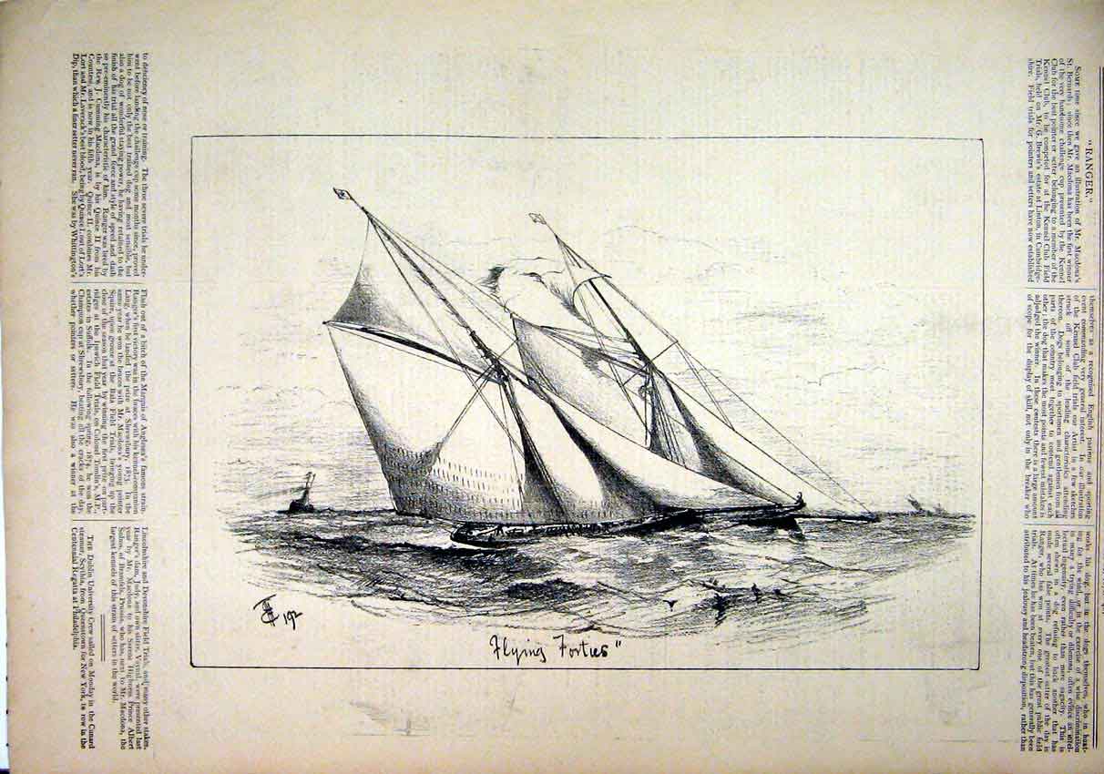 Original Old Antique Print 1876 Sketch Sailing Yacht Ship Sea Scene Victorian