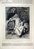 Original Old Antique Print 1879 Jolly Cellarer Man Drinking Barrels Victorian