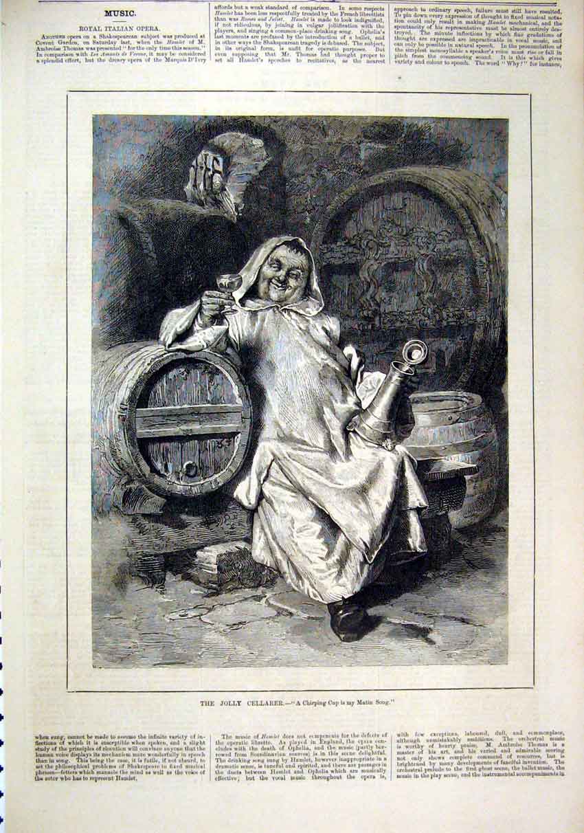 Original Old Antique Print 1879 Jolly Cellarer Man Drinking Barrels Victorian