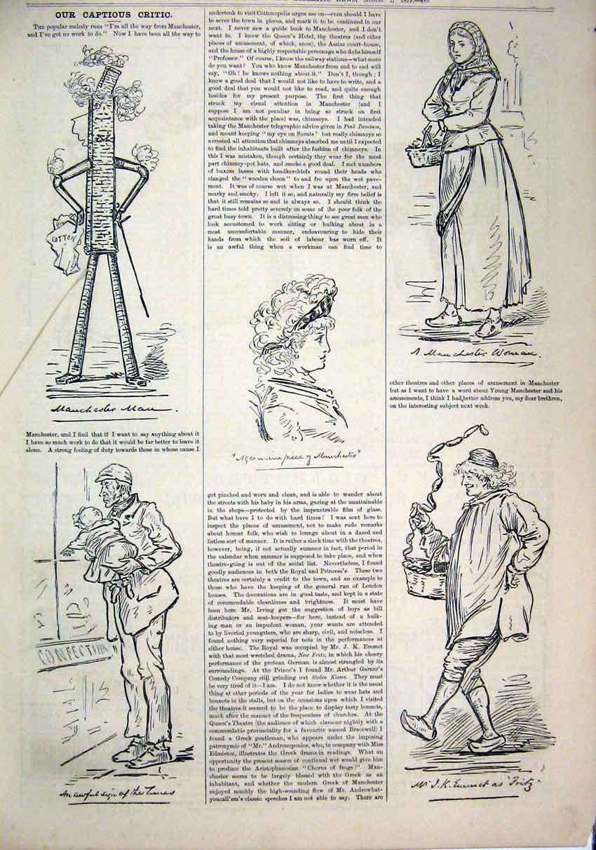 Original Old Antique Print 1879 Caption Sketches Sausage Man Woman Basket Baby