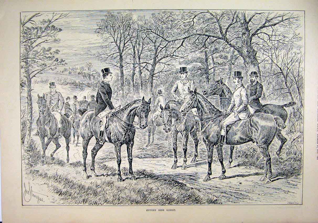 Original Old Antique Print 1890 Country Sketch Men Horses Gossip Trees Hunting