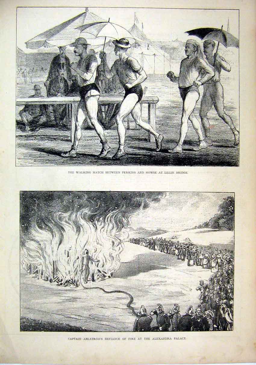 Old Antique Print 1876 Walking Perkins Howse Lillie Captain Ahlstrom Fire 19th