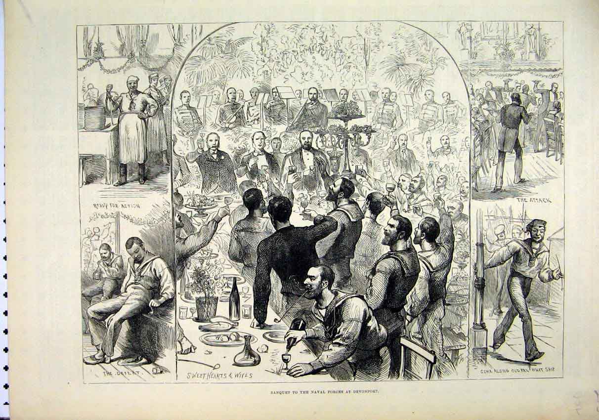 Original Old Antique Print 1882 Banquet Naval Forces Devonport Romance Music