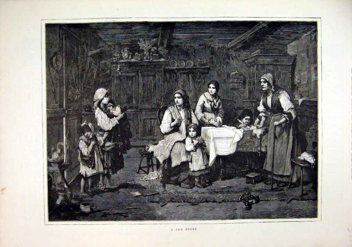 Original Old Antique Print 1880 Family Sad Story Children Table Scene Fine Art