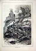 Original Old Antique Print Hunters Death 1880 Man Stag Lying Dead Fallen Cliffs